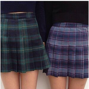 Plaid Pleated Skirt - Green and Blue